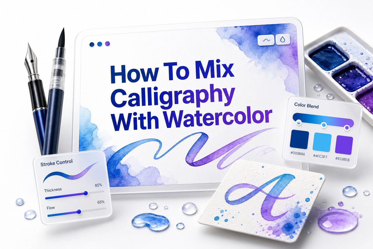 how-to-mix-calligraphy-with-watercolor-e912 Watercolor floral calligraphy artwork with a brush, paint palette, and hand-lettered quote